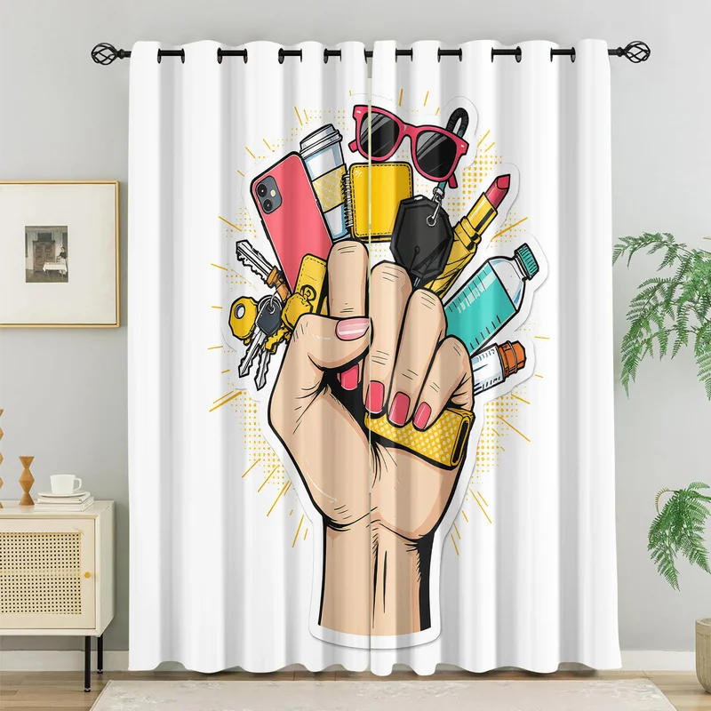 Stylish Urban Carry Essentials Curtain Fashion Hand Holding Print Window Drapes Retro Bedroom Home Decor Curtains Girl Grip Gift