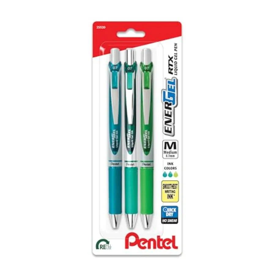 

EnerGel RTX Retractable Liquid Gel Pen, 0.7mm, Hue, Turquoise, Green, and Lime Green Ink, Pack of 3 Pens BL77CHIBP3M