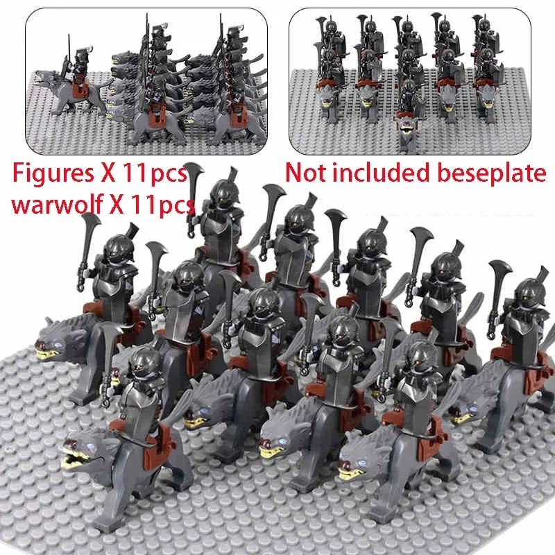 MOC Uruk-hai Orc Army Group Orcus Figures with Grey Wolf Mount Model Building Blocks LOTR Bricks Medieval Toys for Children gift