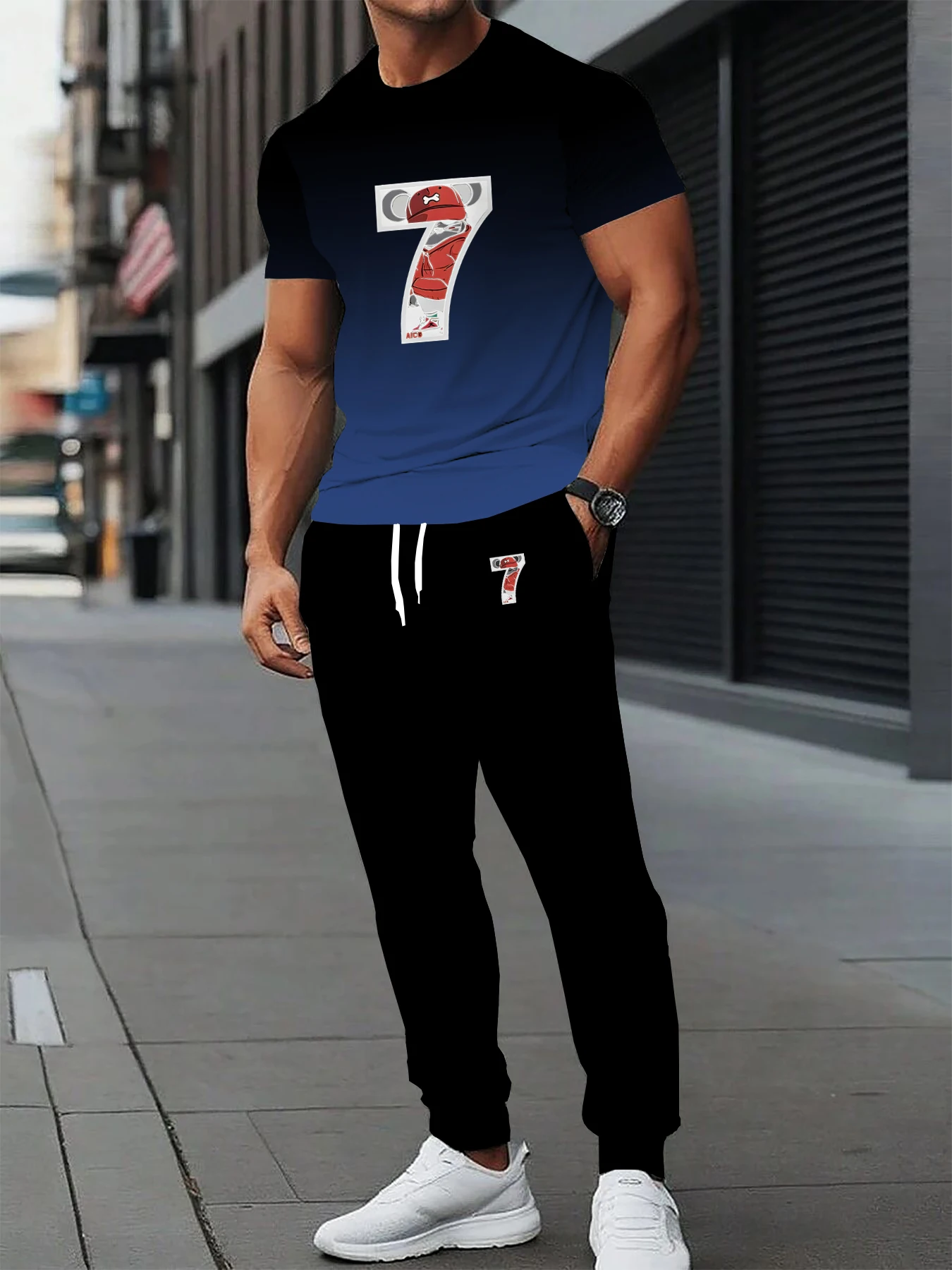 

Men's casual short sleeved T-shirt long pants set with round neck design slightly elastic fabric with pockets summer casual wear