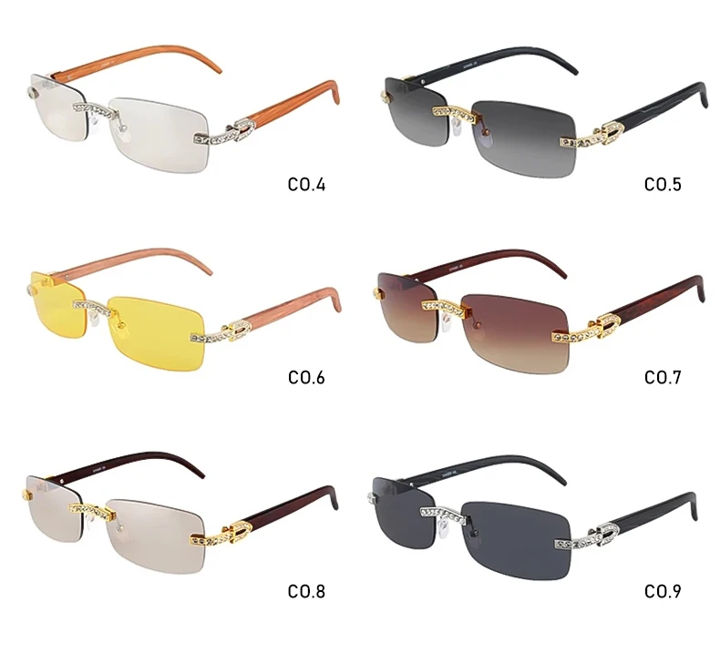 Kenbo Vintage randlose Rechteck Sonnenbrille für Frauen Männer Luxus Brille Mode Kristall Holz Brillen Sonnenbrillen uv400 – Detail 6