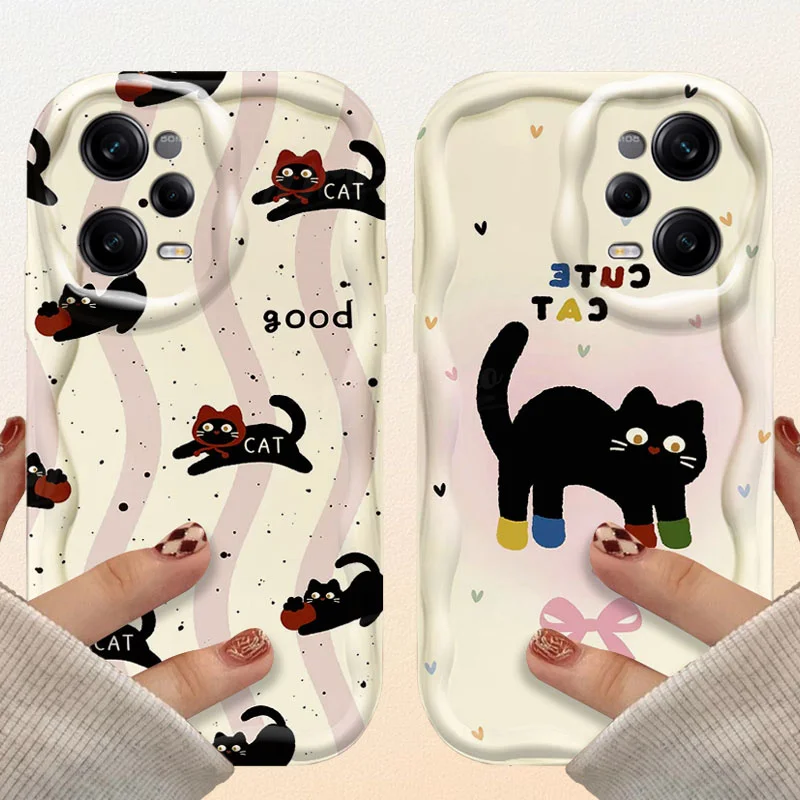 Cute Little Black Cat 3D Wave Case For Xiaomi Redmi 12 12C 12R 11A 13C 10 10C 10X 9 Power 9A 9C 9T 8 K70E K70 K60 K50 Pro Cover