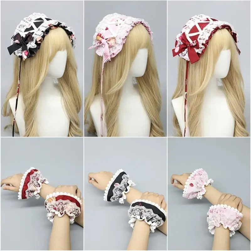 

652F Stylish Lace Hairband Arm Sleeves Anime Maid Costume Props Headwear For Women Teens Japanese Animation Event Headpiece