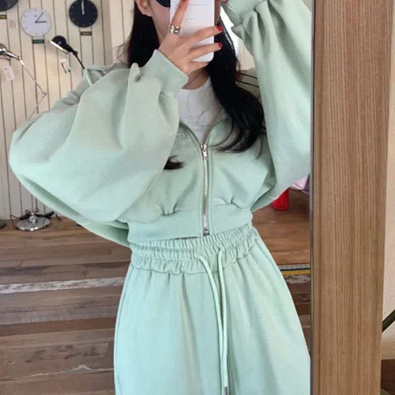 Chic Fall Niche Temperament Hooded Long-sleeved Short Sweater High-waisted Tie Peplum Wide-legged Casual Pants