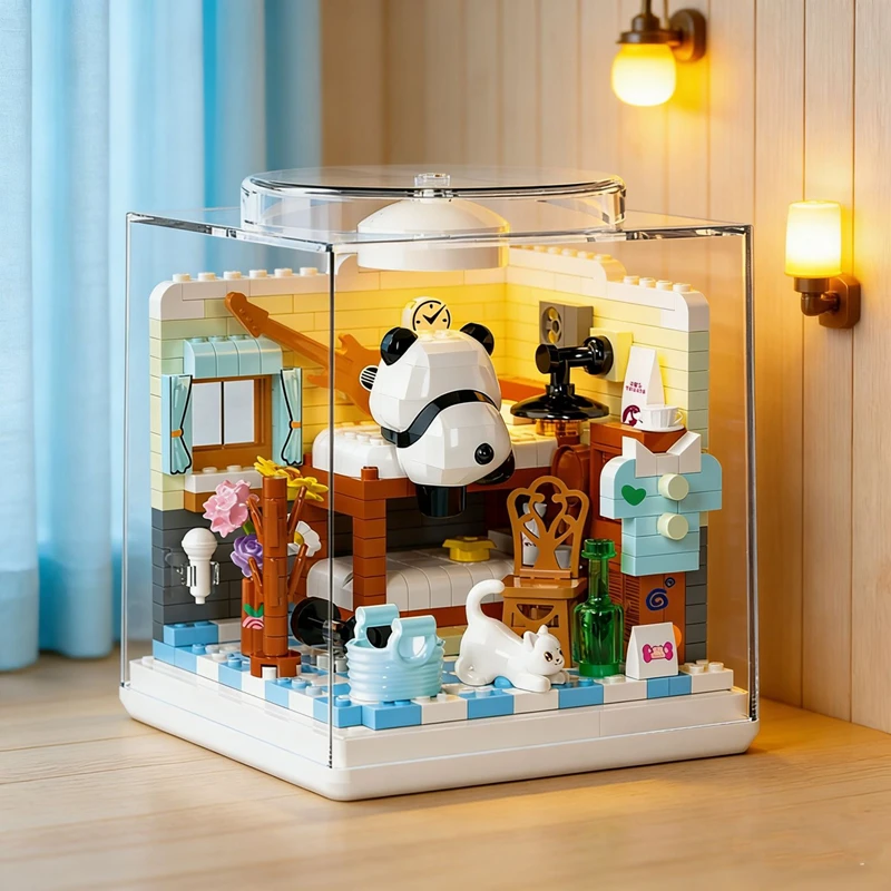 Fun Panda House Street View Series Hand-Assembled Desktop Ornaments Toy Building Blocks for Girls on Valentine’s Day
