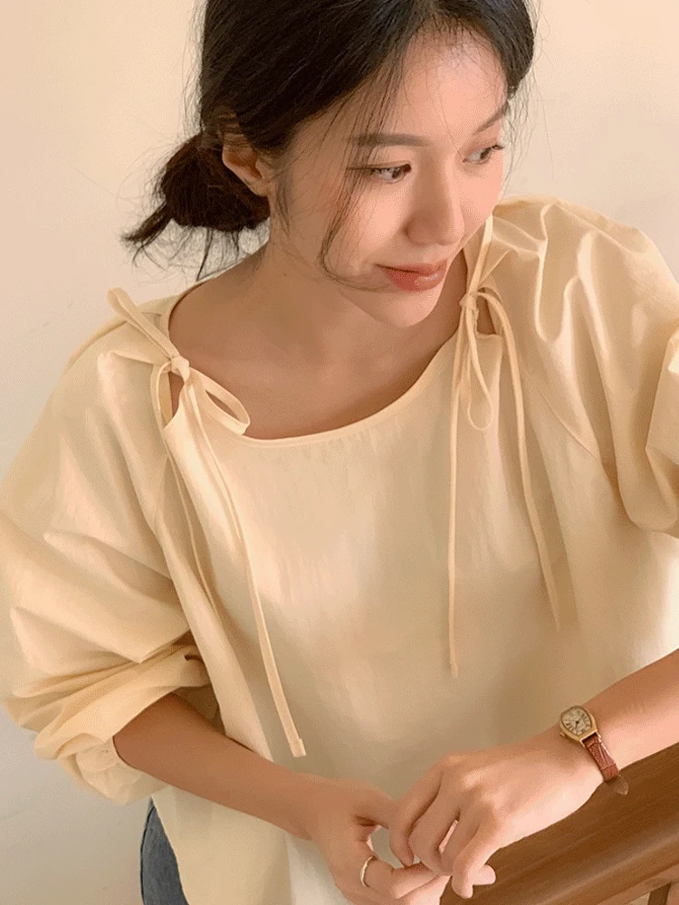 

Chic Spring 2024 Women's irt Cute Belly Covering Knot Fre Sle Long Sve round Ne ort Length Color