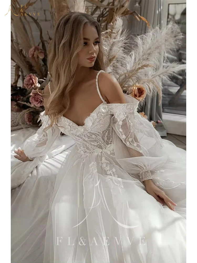 Robes de mariée à fleurs 3D en dentelle scintillante, appliques à manches bouffantes, robe de patients Boho, tulle Off Initiated, robe éducative personnalisée