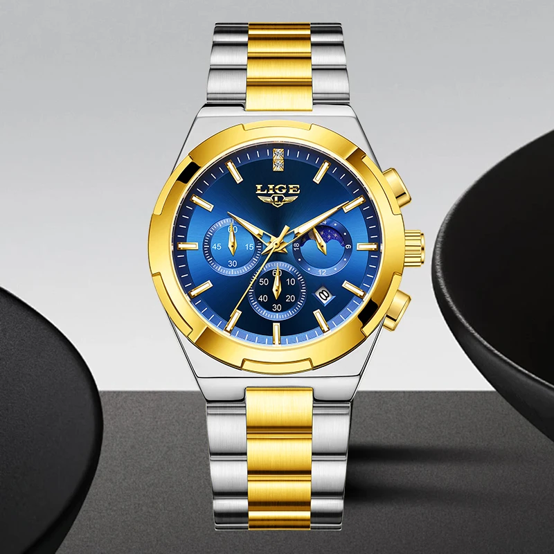 LIGE Luxury Fashion Man Watch Business Moon Phase Stainless Steel Band Auto Date Life Waterproof Quartz Watches Male Chronograph