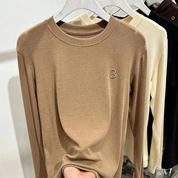Double-Sided Velvet round Neck Long Sleeve Fleece-Lined Warm T-Shirt Women's Autumn Winter New Embroidered Base Shirt Top