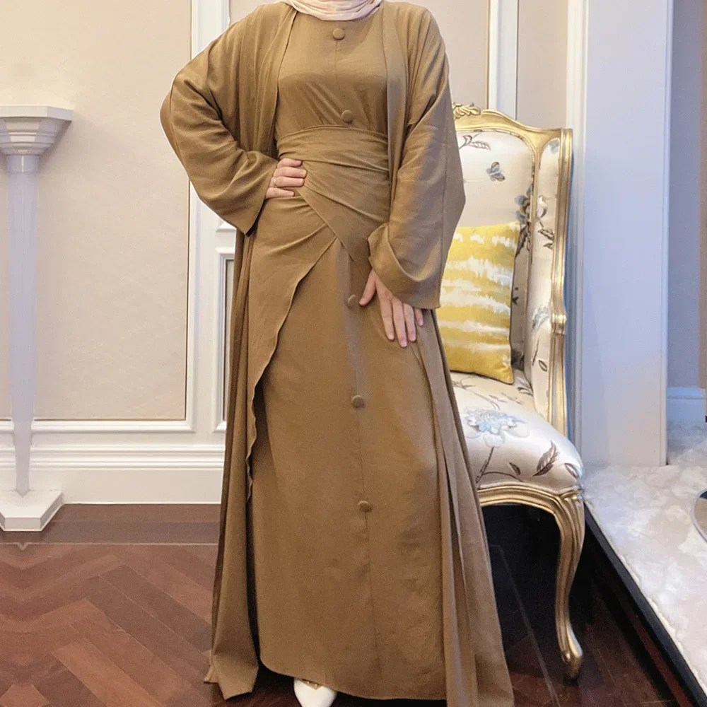 2023 Muslim Sets Turkey Dubai Solid Color Three-piece Set Abaya Femme Islamic Modest Clothing Femme Musulman 3 Pieces