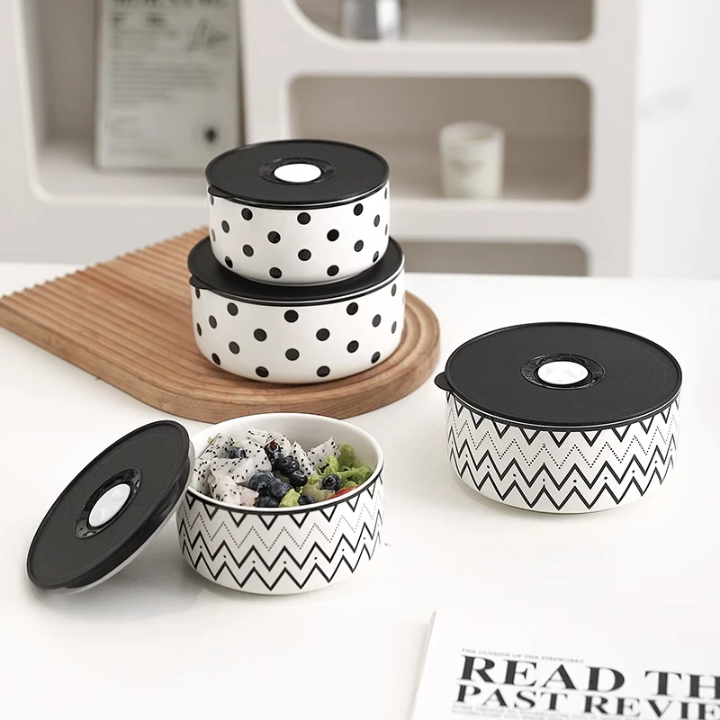 Microwave Oven Special Ceramic Lunch Box Fresh-keeping Box Round Heat-resistant Lunch Box Bowl with Lid Kitchen Rice Sealed Bowl