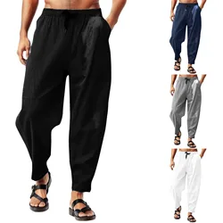 Cotton Linen Harem Pants Men Solid Elastic Waist Streetwear Joggers 2023 New Baggy Drop-crotch Pants Casual Trousers Men