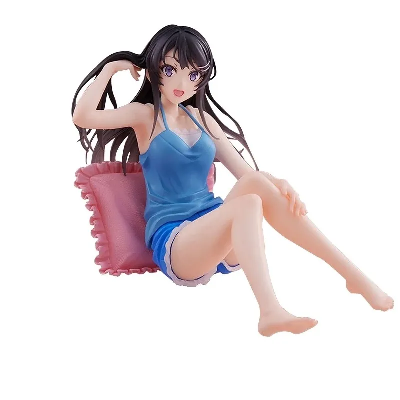 9CM Anime Figure Sakurajima Mai Blue Suspenders Shorts Loungewear Sitting PVC Boxed Model Collection Gift Ornament Decoration