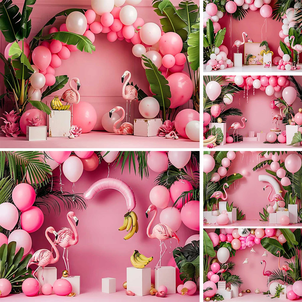 Dreamy Pink Flamingo Decor Birthday Background Summer Tropical Palm Leaf Balloon Backdrop Photobooth Adult Girl Baby Show Studio