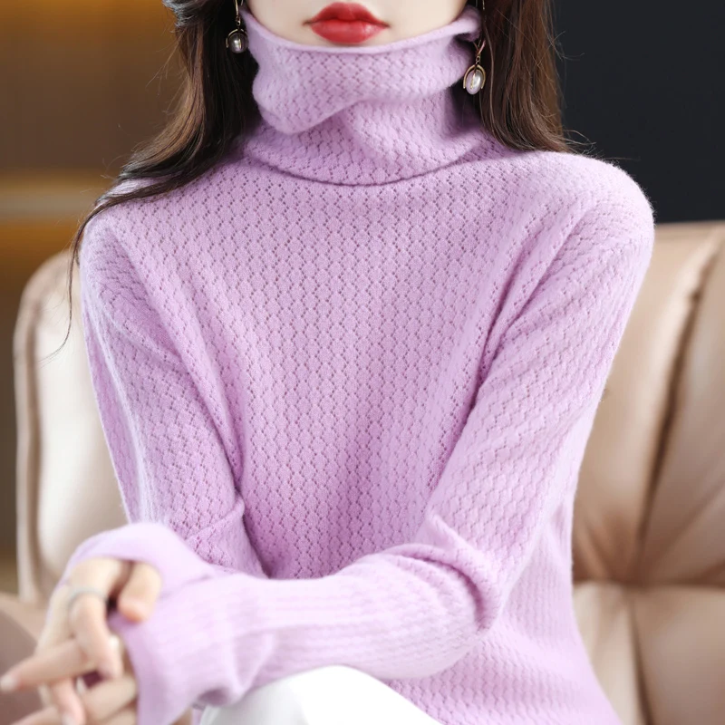 100% wool women's spring and autumn high-necked pullover cashmere sweater hollow knitting fashion solid color long-sleeved top