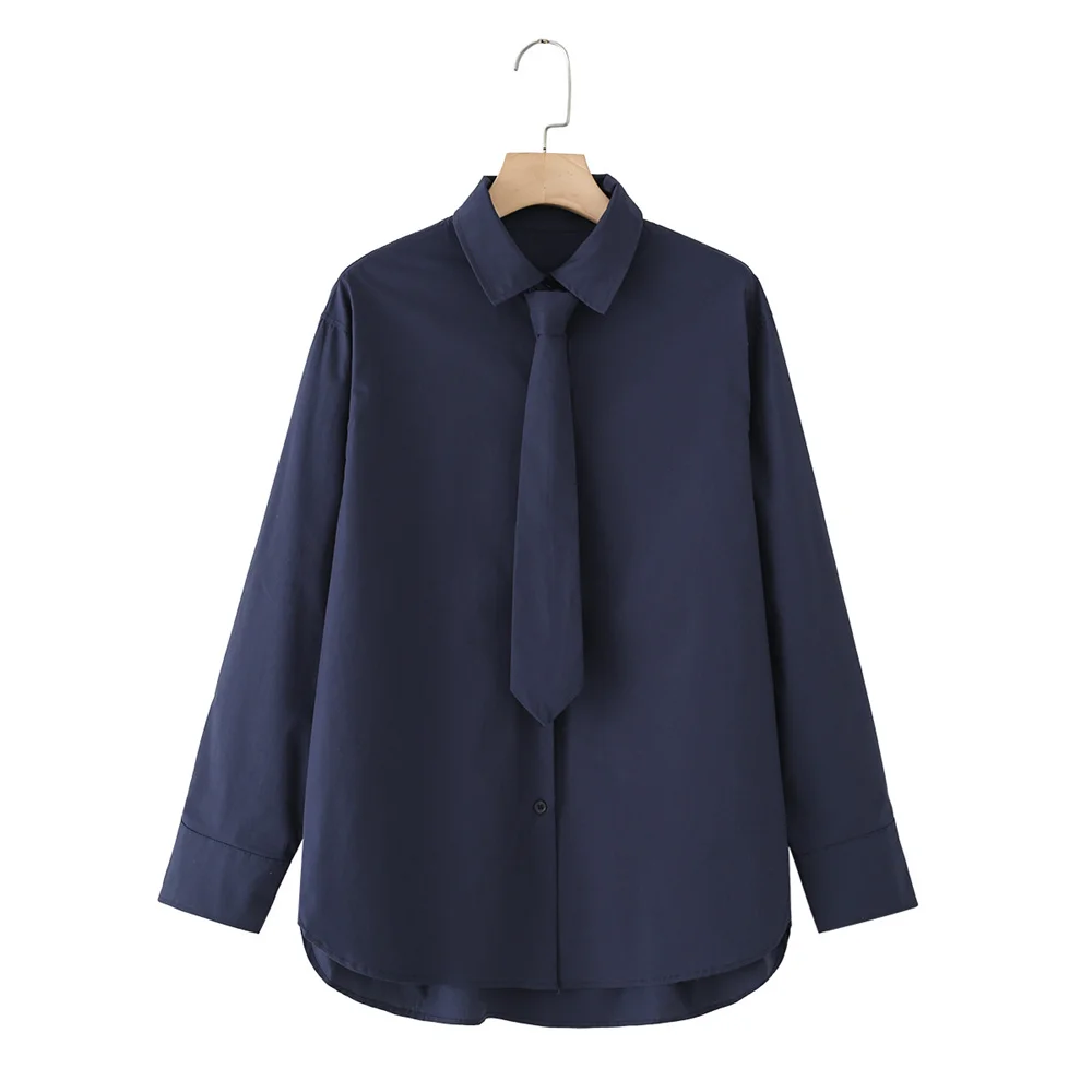 

Autumn and winter new women's clothing design sense versatile lapel long sleeved loose tie shirt