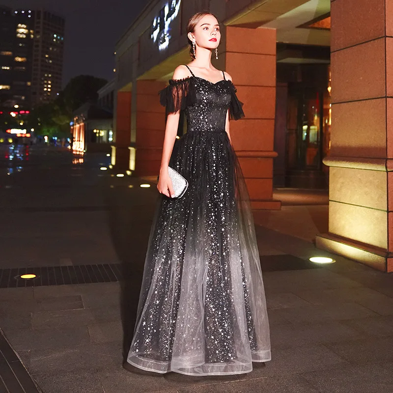 

Black Elegant Evening Party Dress Vintage Novelty Long Vestidos Sexy Suspender Plus Size 3XL Gown Women's Fashion Sequin Qipao