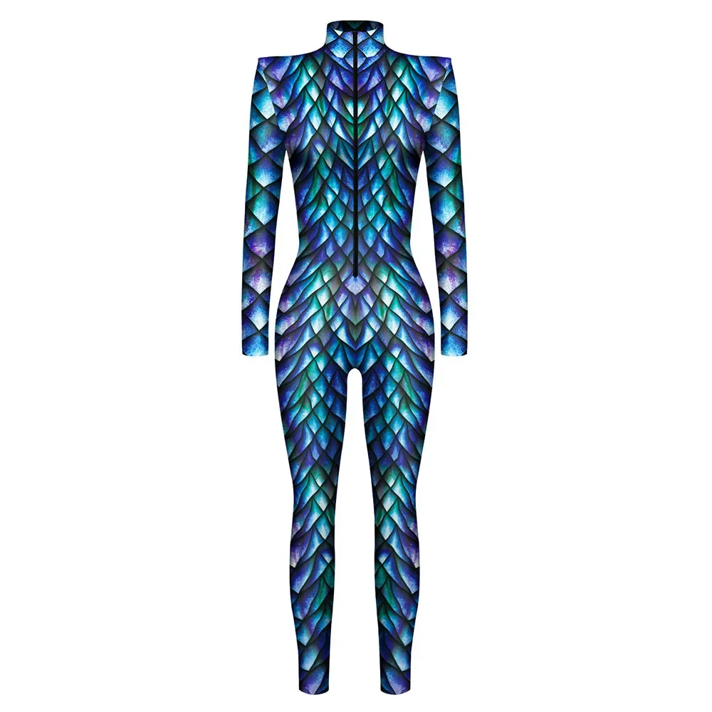 Halloween Costume Women 3D Snake Pattern Peafowl Jumpsuit Catsuit Fish Scale Sexy Women Cosplay Costume Zentai Bodysuits Adults