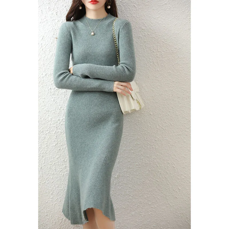 Cashmere Sweater Women\'s Knitted Dresses 100% Merino Wool O-Neck Elegant Party Dress Autumn Winter Female Pullover Casual Skirts