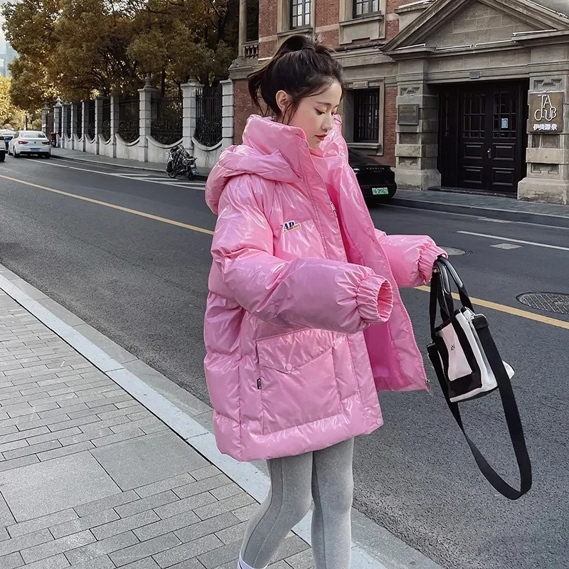 Winter Female Glossy Parkas Jacket Korean Women Fashion Long Sleeved Down Cotton Outwear 2025 Ladies Hooded Cotton Padded Coat