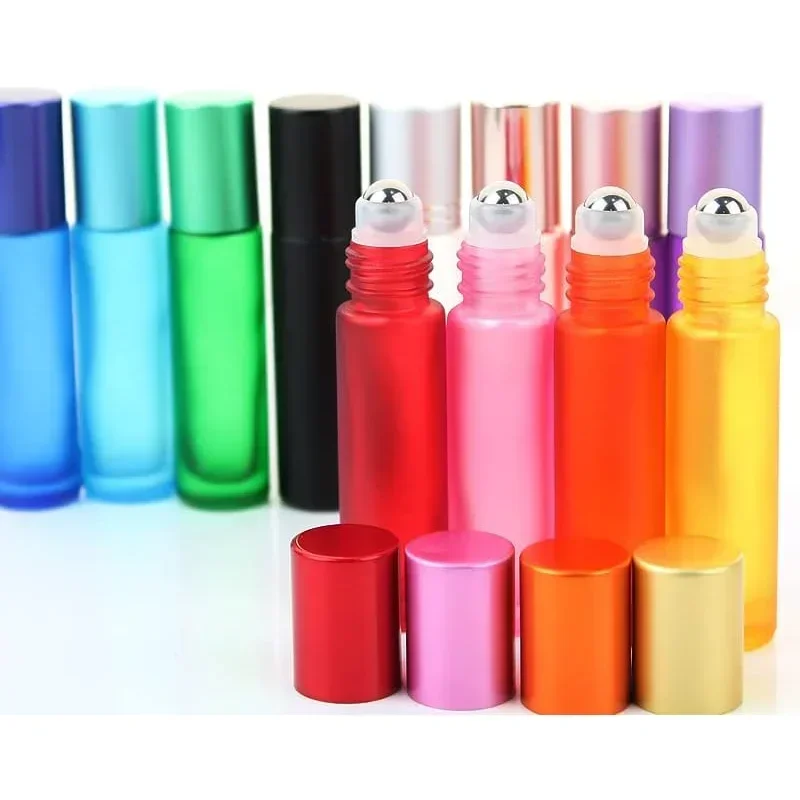 50Pcs 5ml/10ml Colorful Thick Frosted Glass Roll on Bottles with Natural Gemstone Roller Ball for Perfume Essential Oil Travel