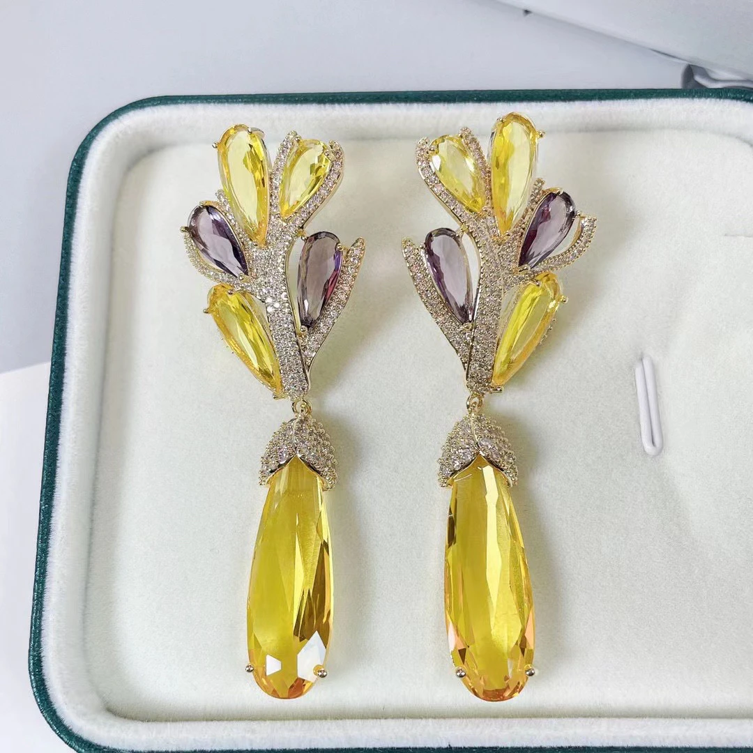 SENYU Luxury Lady's Long Earring High Quality Water Drop Stone Banquet Jewelry Handpaved Cubic Zirconia Drop Earrings