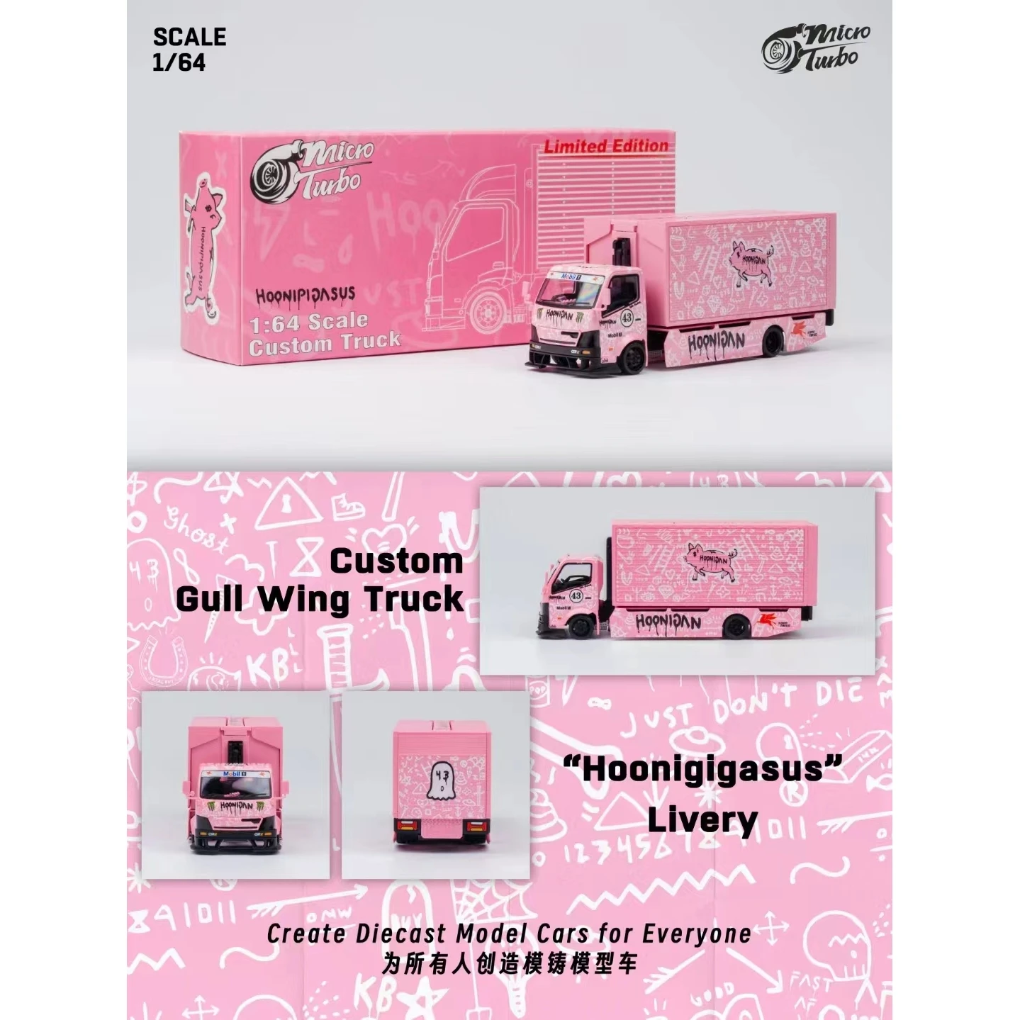 In Stock Micro Turbo MT 1:64 300 Series Modified Flying Wing Truck Container Brick Uncle Pink Pig