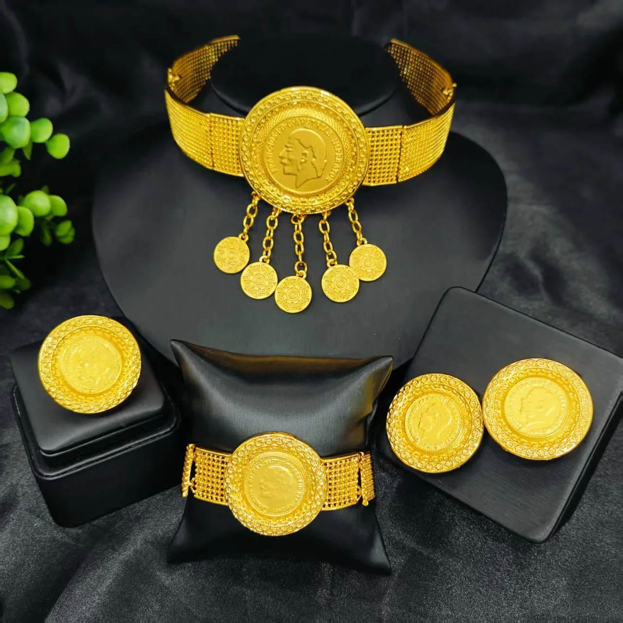Exaggerated Ancient Coin Necklace Earrings Bangle Ring 4Pcs Set For Women 24K Gold AU999 Retro full jewelry set