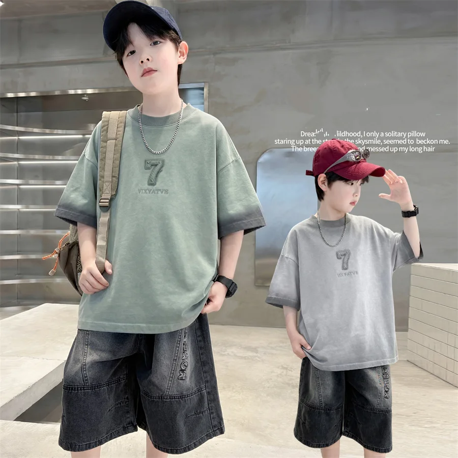

Luxurious Teen Boys Set For Child Elegant T-shirts + Denim Shorts 2PCS Clothes Set Summer Kids Luxury Clothing Set Age 6 To 16 Y