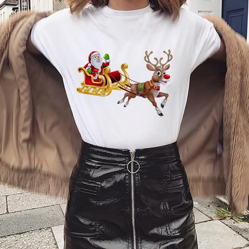 New Santa Claus and Reindeer t shirt women fashion Christmas Harajuku t-shirt White Suitable all seasons Tshirt Tops clothing