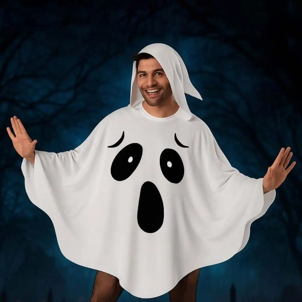 

White Halloween Cloak Cape Black Eye Trick-or-Treat Spooky Ghost Poncho Robe Smock Style Fancy Dress Ghost Cosplay Costume Women