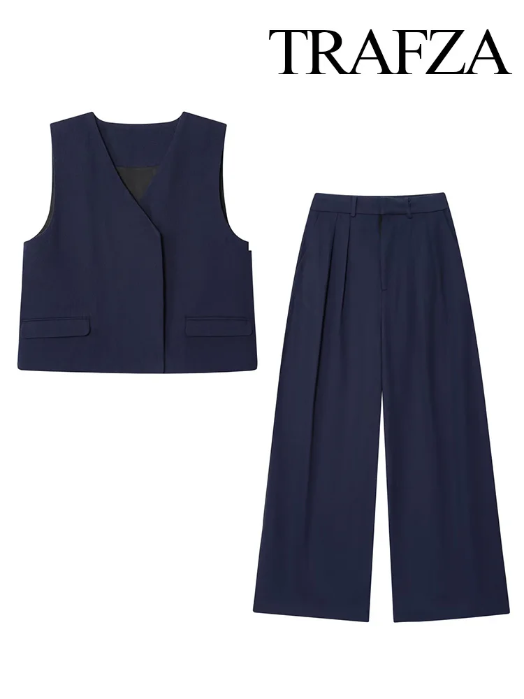 

HH Women New Fashion Solid 2-Piece Set Flip Cover Design V-Neck Sleeveless Waistcoat+Pocket Chic Zipper Pleated Trousers