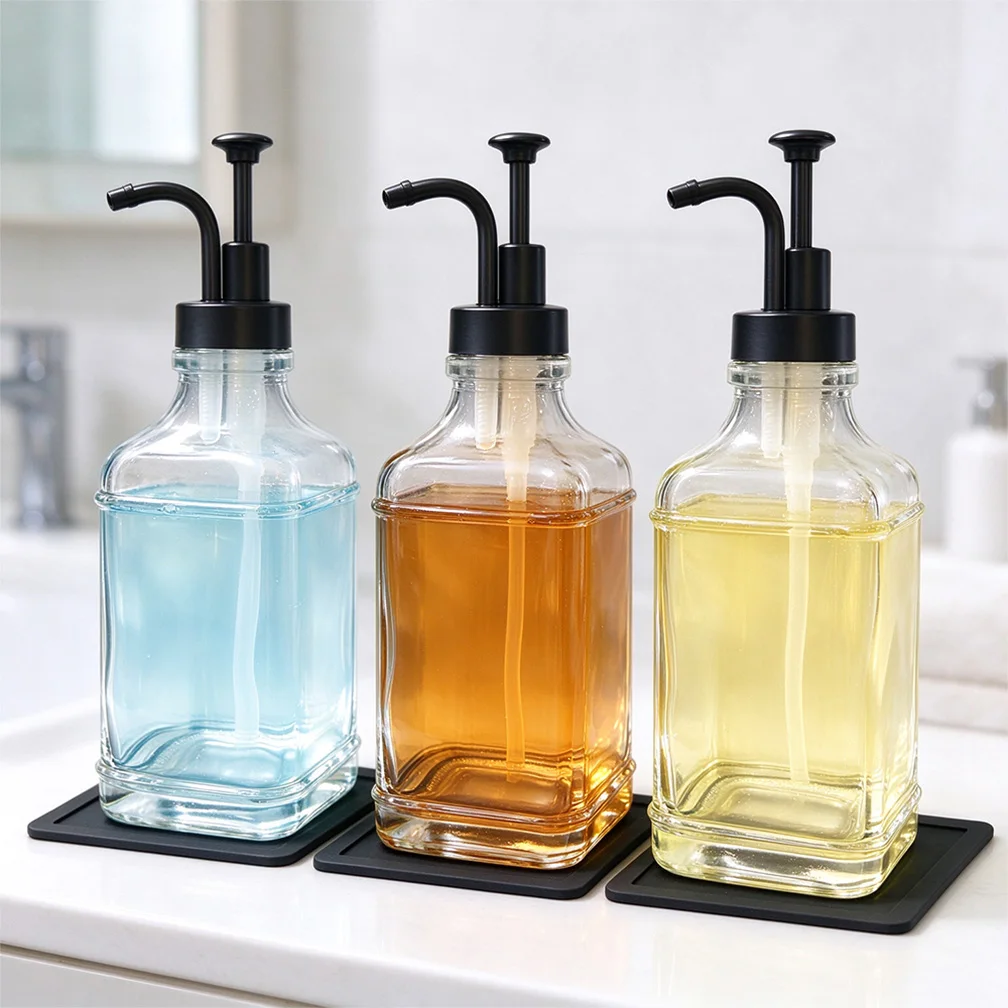 2Pcs 500ml Glass Soap Dispenser Set with Pumps & Silicone Pads Refillable Liquid Hand Dish Soap Lotion Bottle for Kitchen