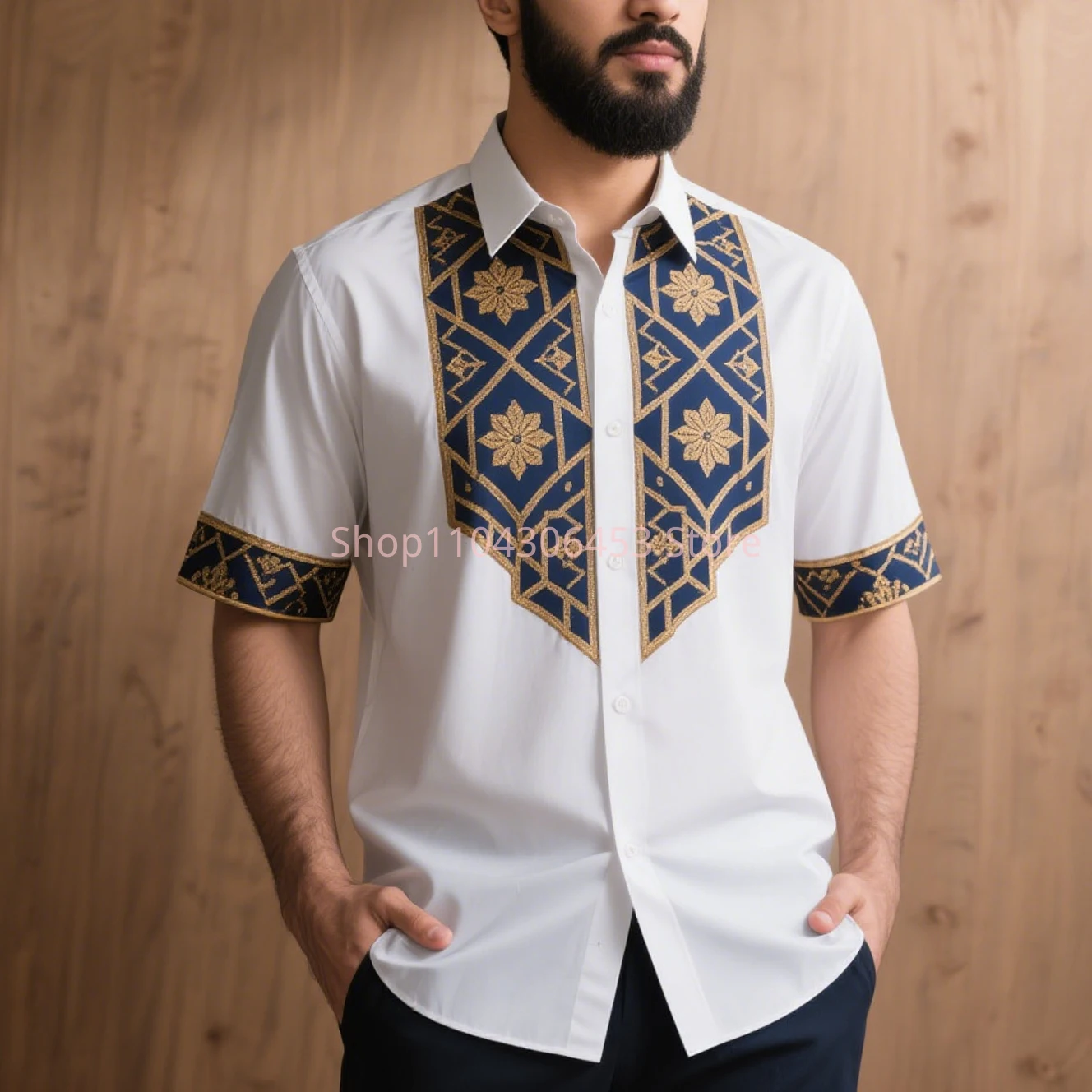 Men simple retro fashion ethnic style 3D printed short-sleeved lapel shirt light breathable light color Hawaiian beach vacation
