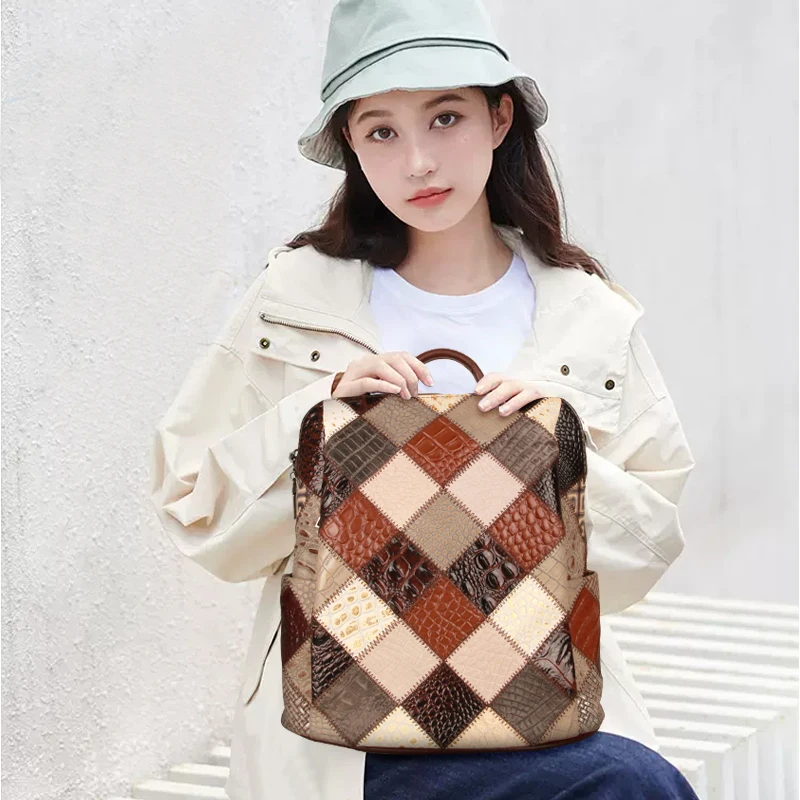 Women\'s Retro Backpack Genuine Leather Shoulder Bags 12 Inches Travel Bag For Lady Patchwork Quality Laptop Bag New Fashion