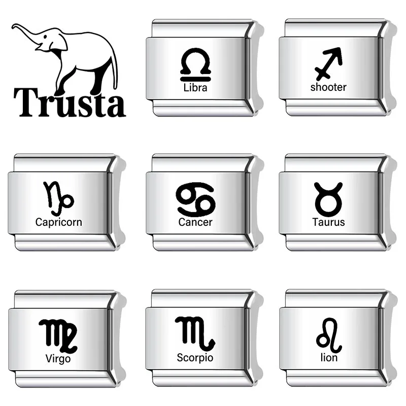 Trusta Fashion 2024 Black 12 Zodiac Signs Charm Links Fit 9mm Stainless Steel Bracelet for Women Jewelry DIY Making N269