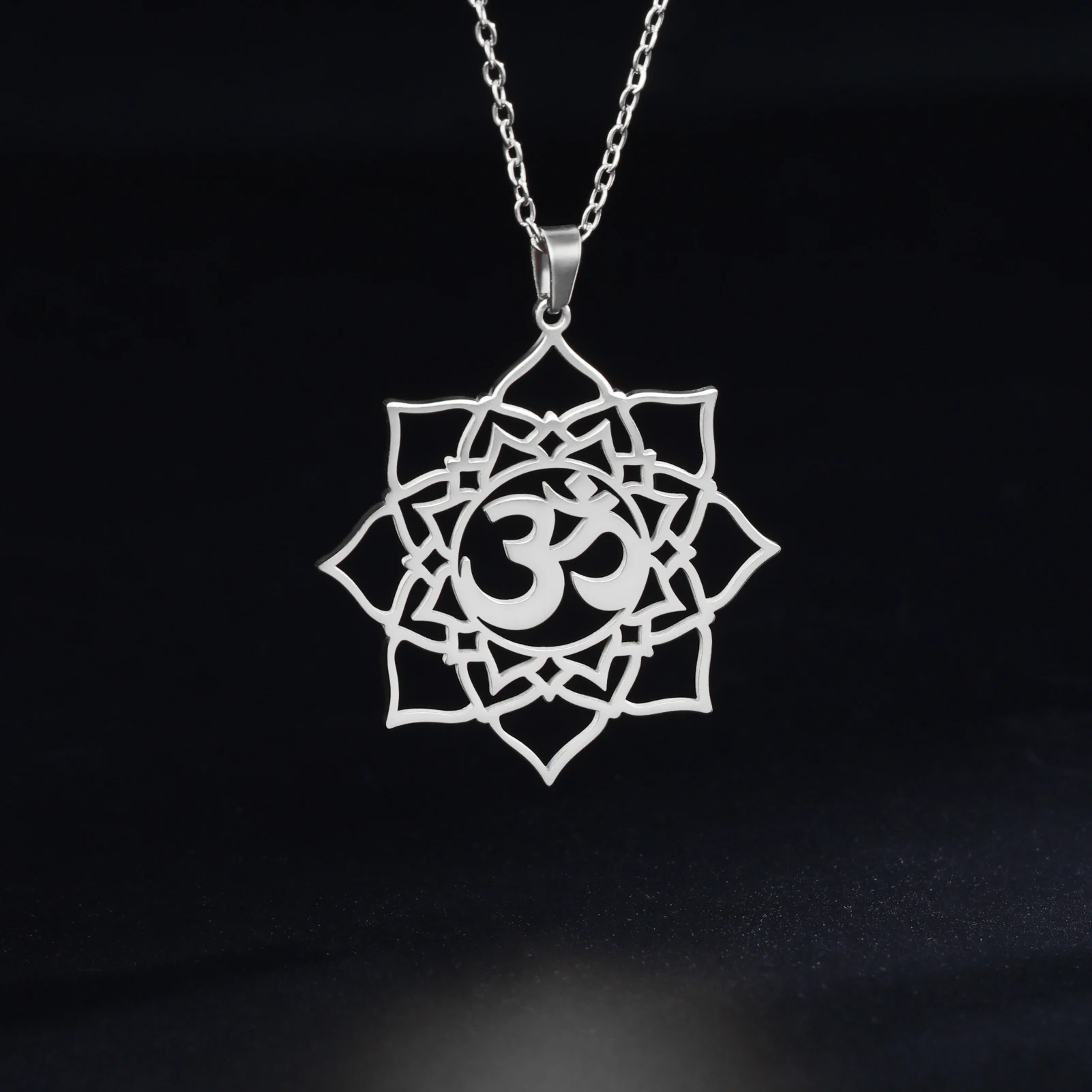 Hollow Lotus OM Yoga Symbol Pendant Necklace Stainless Steel Women's Buddhist Mandala Couple Talisman Jewelry Gift