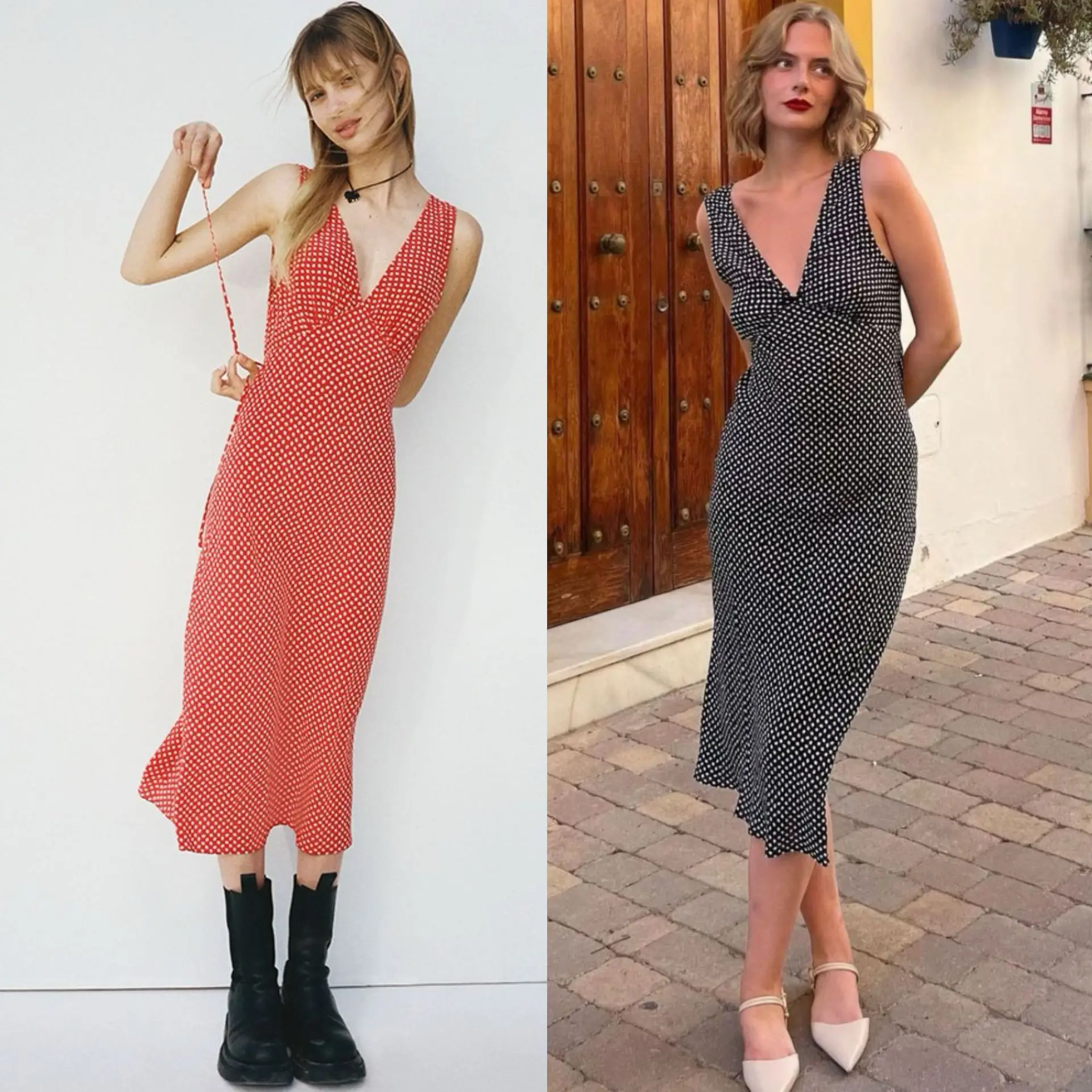 

City Holiday · French Vintage Print Sexy Deep V-Neck Slant Cut Silk Sleeveless Tank Dress Polka Dot Long Dress