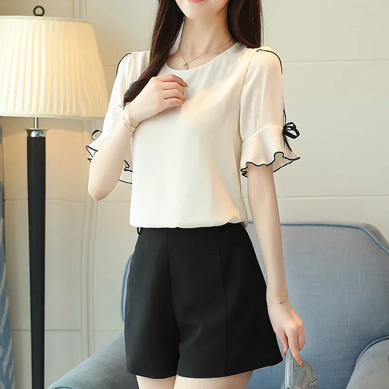 Summer Chiffon Women Blouse Short Sleeve Sweet Elegant Tops Fashion Casual Blouses Bow Clothing