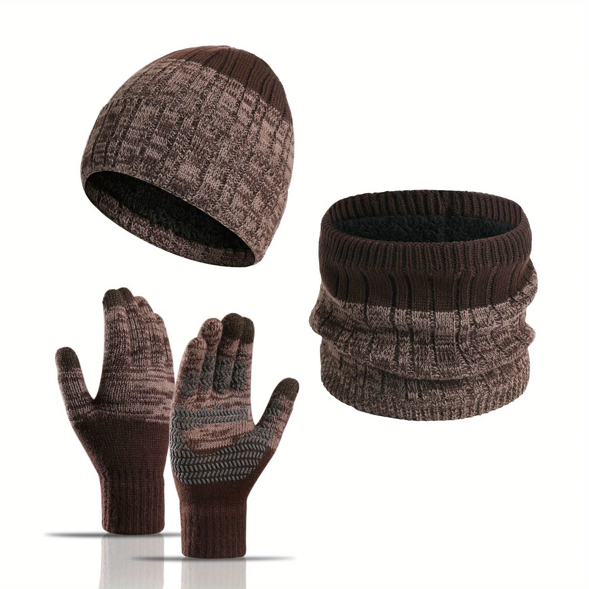 Outdoor Neck Warmer Set 3Pcs Fleece Lined Thickened Knit Hat For Men Women Winter Cold Weather Windproof Protection