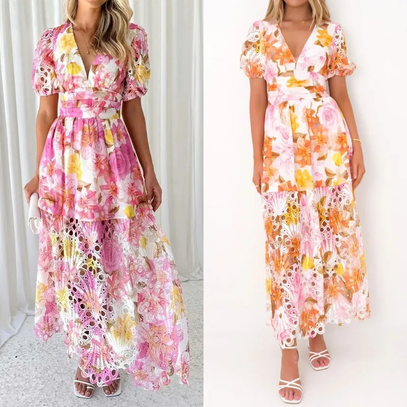 Abito lungo Boho per le vacanze a pieghe Abito estivo da donna scollato Abito bohémien Corsetto sexy floreale con maniche corte a sbuffo e scollo a V