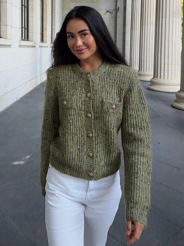 Damen Kurz-Strickjacke mit Sprenkelmuster, Rundhalsausschnitt, Metallknöpfen vorne, Langen Ärmeln, Schmaler Passform, Lässige Damen-Oberbekleidung – Detail 3