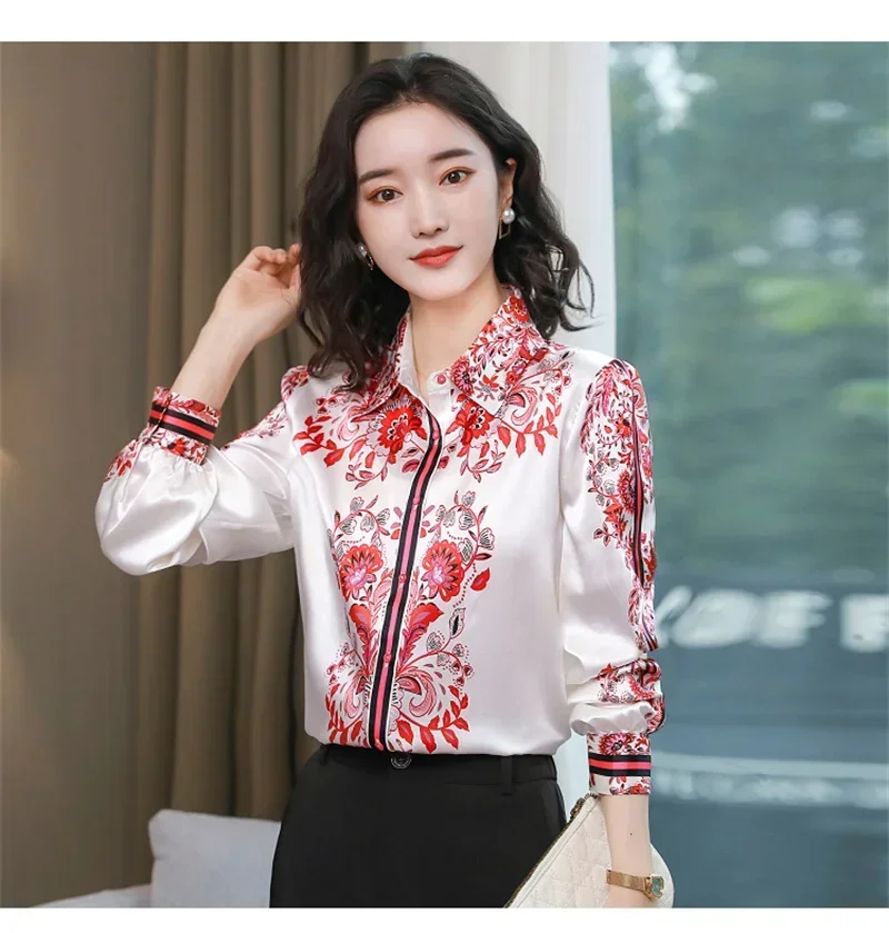 S-3XL Long Sleeve Red White Print Blouse Vinrage Summer Shirt for Women Spring Casual Cardigan Ladies Elegant Tops Blusas 6278