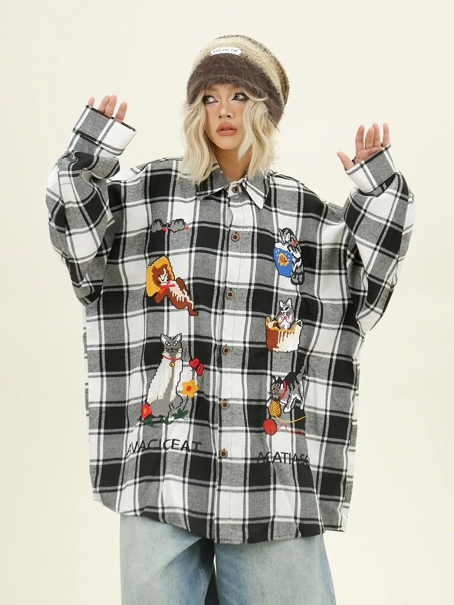 Creative Cat Plaid Long-sleeved Shirt Autumn New Loose Bf Japanese Retro Top Trendy Girl 2024