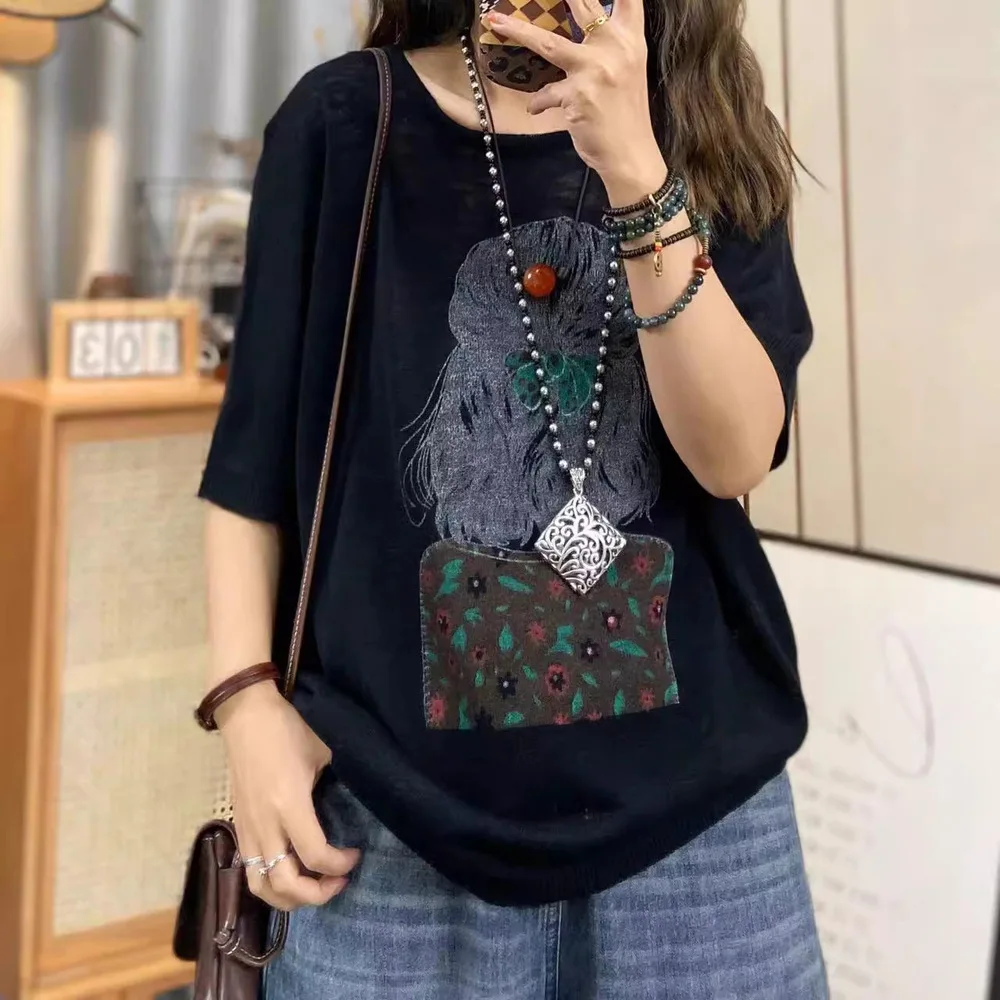 Women\'s short sleeve shirt harajuku fashion girls pattern knitted tee women pullover knitwear korean style women clothing