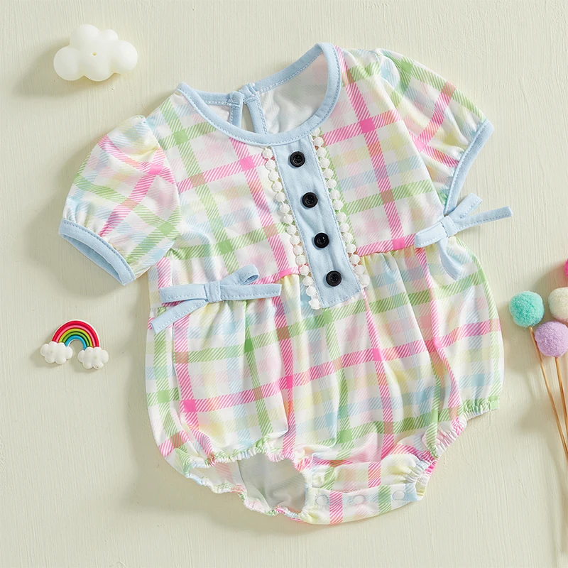 New Baby Girls Summer Sweet Romper Infant Short Sleeve Round Neck Casual Plaid Romper 0-24 Months Hot Sale