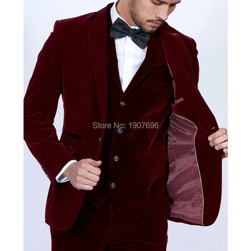 Burgundy Velvet Men Suits Slim Fit for Wedding 3 Piece American Style Prom Groom Tuxedos Fashion Smoking Jacket with Pants Vest