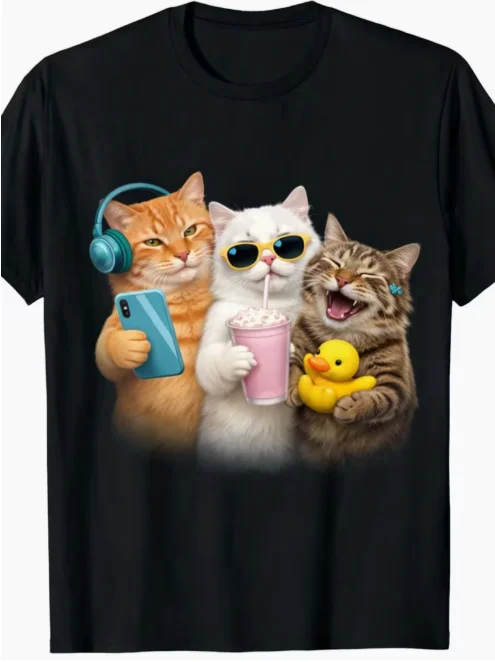 Sommer-T-Shirt mit niedlichem Katzen-Umarmungsmuster für Herren und Damen, lustiges schwarzes T-Shirt mit Katzenmuster und lässigem Rundhalsausschnitt – Detail 5