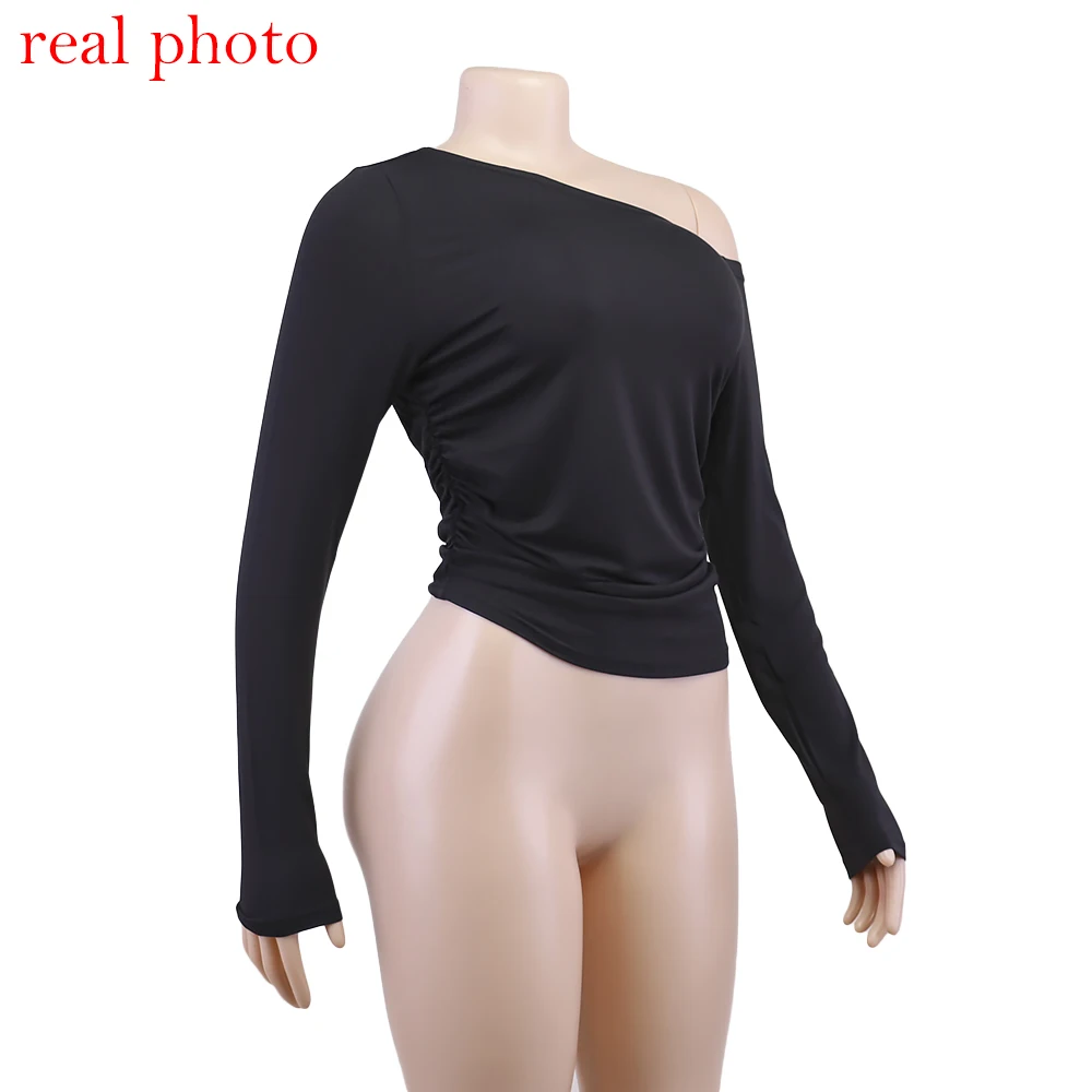 Cryptographic Fashion Elegant Slim Asymmetrical Tops for Women Streetwear Long Sleeve Ruched Sexy Cropped Top Y2K Outfits Club