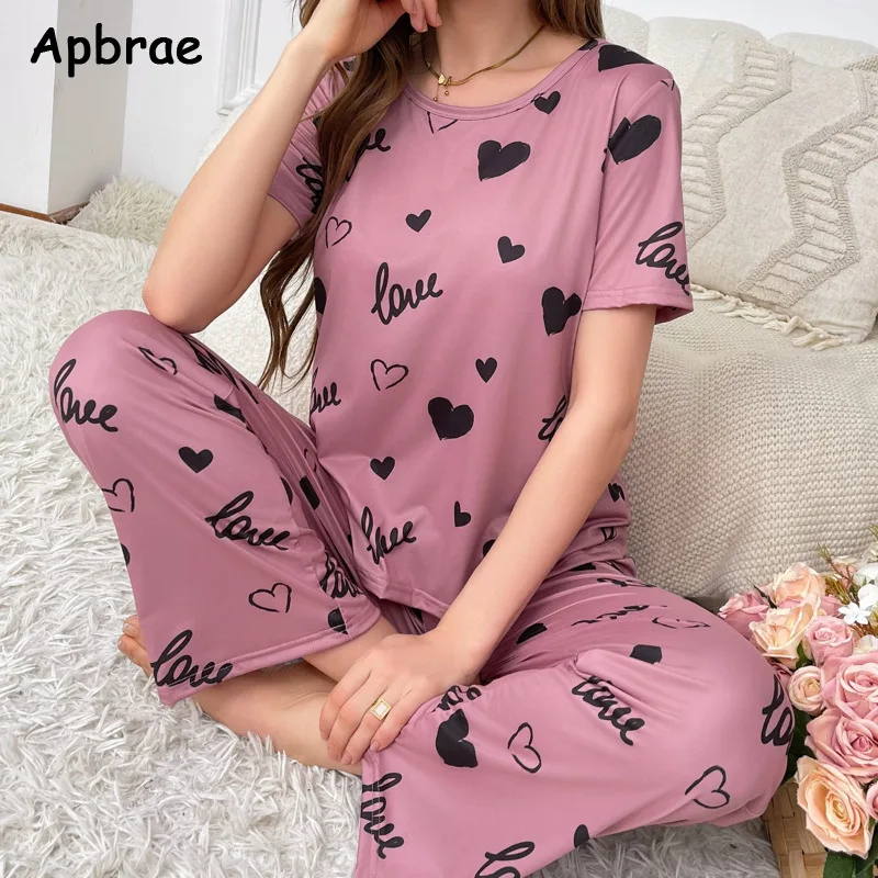 Spring Summer New Pajamas for Women Heart Print Pijamas Rose Red Pajama for Women Fashion Short Sleeves Long Pants Sleepwear